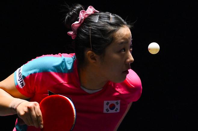 신유빈이 9일 일본 오도를 맞아 서브를 하고 있다. 신화연합뉴스