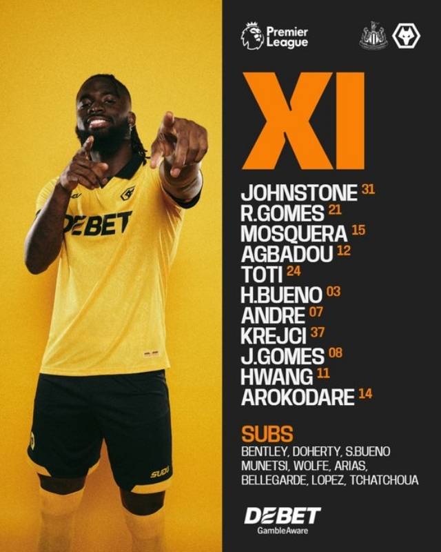 울버햄튼은 골키퍼 존스톤을 시작으로 모스케라-아그바두-토티-호드리구-크레이치-안드레-고메스-부에노-아로코다레-황희찬이 선발 출전한다. 사진=울버햄튼 SNS