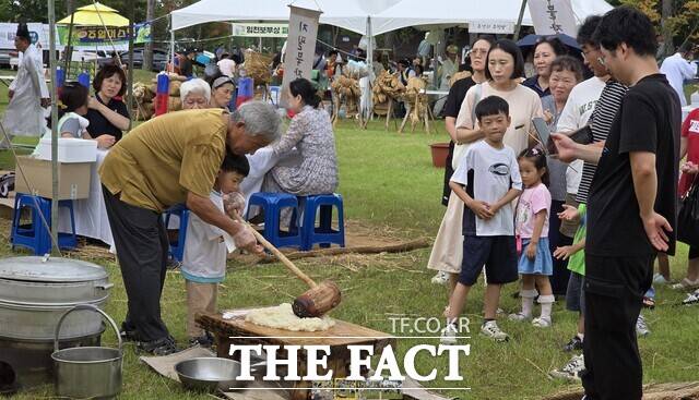 축제장에 조성된 난장마당에서 한 어린이에게 절구 떡방아 메치기를 가르치고 있다. /충남역사문화연구원
