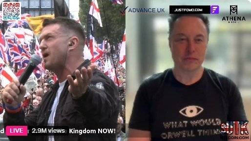 일론 머스크 테슬라 최고경영자(CEO)가 13일(현지시간) 영국 런던의 극우 집회에서 영국 극우 활동가 토미 로빈슨과 화상으로 대화하는 모습. X 캡처