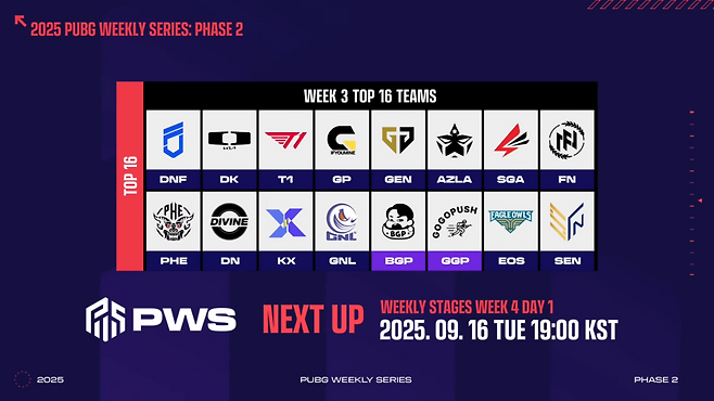 위클리 스테이지 마지막 주에 진줄할 16개 팀(출처=대회 실황 캡처).