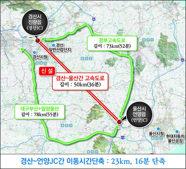 경산~울산 간 고속도로 신설 위치도
