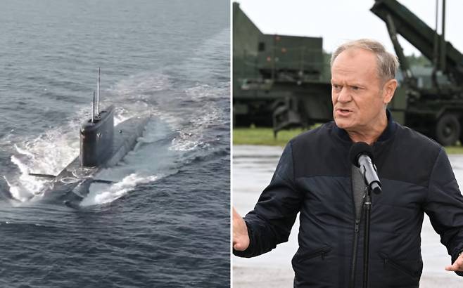 폴란드 해군이 운용 중인 1985년 건조 구형 잠수함 ORP ‘오르젤’(왼쪽)과 투스크 총리의 발언 장면. 투스크 총리는 16일(현지시간) 북부 우스트카 공군 훈련장을 찾아 나토 연합훈련 ‘아이언 디펜더’의 일환인 ‘오텀 파이어-25’ 훈련을 참관하며 연내 잠수함 구매 결의안을 채택하겠다고 밝혔다. 폴란드 해군·EPA 연합뉴스