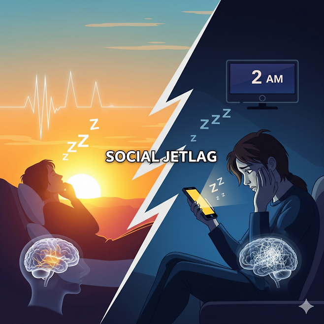 사회적 시차(Social Jetlag)’가 인간의 수면 패턴과 뇌 건강에 미치는 영향을 시각적으로 표현한 이미지. 경희대학교