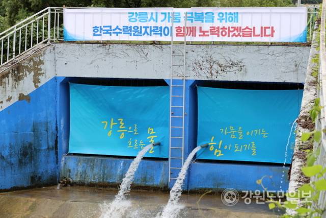 ▲ 20일 오후 1시쯤 평창 도암댐 도수관로 비상 방류가 시작됐다. 강릉시 성산면 한국수력원자력 강릉수력발전소 방류구에서 방류수가 나오고 있다. 황선우 기자