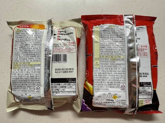농심의 신라면 건면(왼쪽)과 신라면(오른쪽)./사진=윤서영 기자 sy@