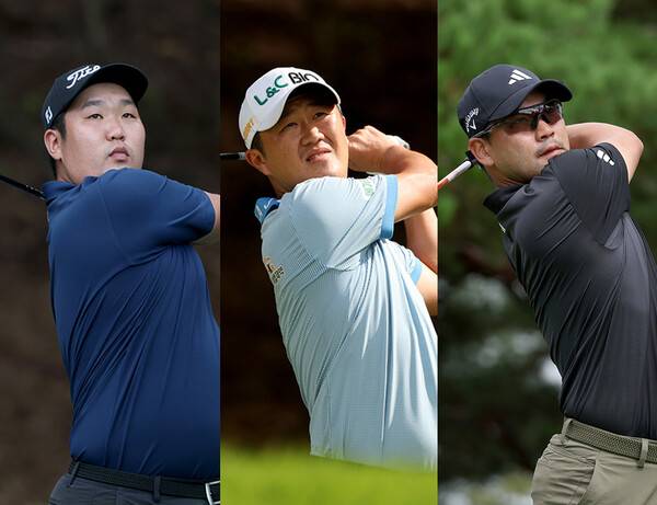 2025년 한국프로골프(KPGA) 투어 골프존 오픈 우승 경쟁에 뛰어든 김찬우, 박성국, 이준석(호주) 프로가 3라운드에서 경기하는 모습이다. 사진제공=KPGA (사진을 무단으로 사용하지 마십시오.)