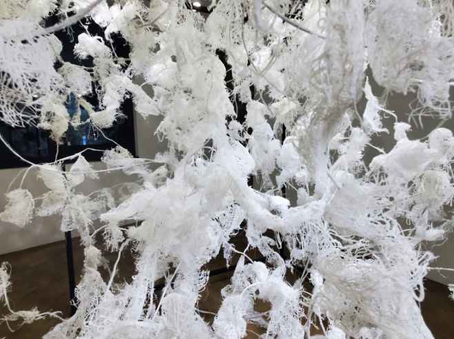 김미지 作 (작품 클로즈업) 핫멜트 껍질이 실타래처럼 얽히고 흩어지며 빛을 머금은 모습.