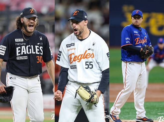 왼쪽부터 한화 이글스 코디 폰세‧라이언 와이스‧류현진. 한화 제공