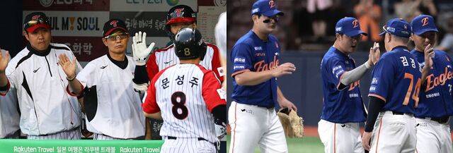 한국시리즈(KS) 직행 티켓을 놓고 LG 트윈스와 한화 이글스가 이번 주말 맞대결을 펼친다. 왼쪽 사진은 염경엽 LG 감독이 선수들과 하이파이브를 하는 모습. 김경문 한화 감독이 선수들과 경기 후 인사를 나누고 있다. 뉴시스