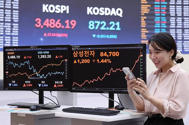 삼성전자 주가가 장중 한 때 8만5000원을 넘어선 23일 오후 서울 여의도 한국거래소 모니터에 삼성전자 종가가 표시되고 있다./사진=뉴스1