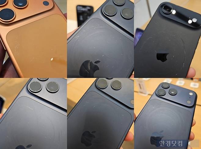 지난 23일 오후 5시40분경 서울 여의도 IFC 애플 스토어에 전시된 아이폰17 시리즈 제품 후면에서 스크래치가 확인됐다. 사진=박수빈 기자