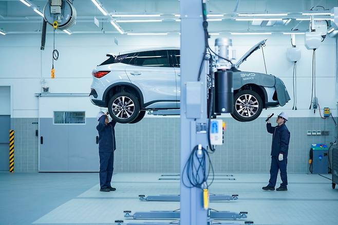 BYD의 정비사들이 차량 하단 부분을 점검하고 있다. /BYD코리아 제공