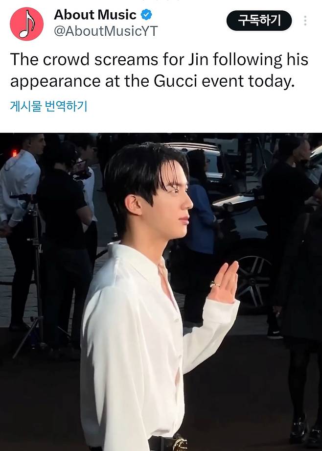 "말문이 막혔습니다!!!" 방탄소년단 진, 미모로 국위 선양..구찌 프리미어 모습에 美 MTV '감탄'