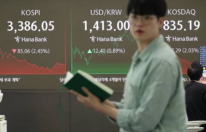 코스피가 급락한 26일 서울 중구 하나은행 딜링룸 현황판에 코스피·코스닥 종가가 표시돼 있다. 이날 코스피는 전장 대비 85.06 포인트(-2.45%) 내린 3386.05, 코스닥도 전장 대비 17.29 포인트(-2.03%) 내린 835.19에 거래를 마쳤다. 원·달러 주간 거래 종가는 1412.4원을 기록했다. 연합뉴스