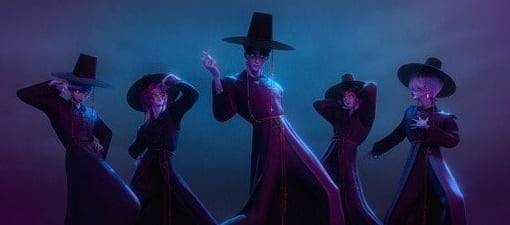 케데헌의 저승사자 모티브 아이돌 그룹 '사자 보이즈'. 걸그룹과 보이그룹의 선악 구도라는 초기 설정이 한국 젠더 갈등을 상징한다는 해석도 있다./넷플릭스