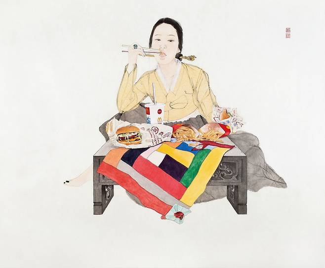 김현정, '내숭: 투혼', 한지 위에 수묵과 담채, 111x129.5㎝, 2013.