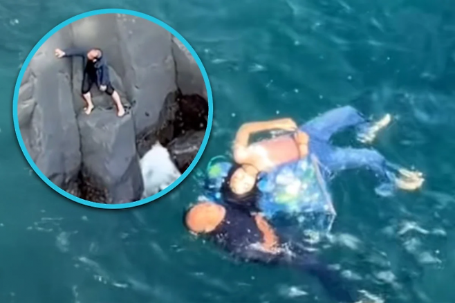 일본 시즈오카현 조가사키 해변에서 바다에 빠진 일본 여성을 구하고 있는 중국 남성. 틱톡 캡처