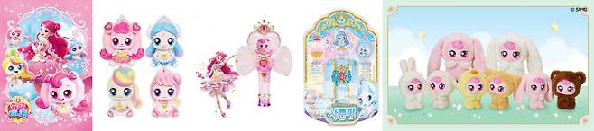 (왼쪽부터) 시즌6 ‘프린세스 캐치! 티니핑’ 포스터 이미지, 로열티니핑 봉제인형, 하이라이트 키링, 로열티니핑 피규어, 그리고 하츄핑 애니멀 시리즈(사진=SAMG엔터)