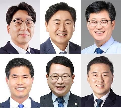 (사진 위)진보당 강성희 전 국회의원, 김관영 전북도지사, 안호영 더불어민주당 국회의원 (아래) 더불어민주당 이원택 국회의원, 정헌율 익산시장, 조국혁신당 황현선 전 사무총장.(왼쪽부터, 가나다 순)