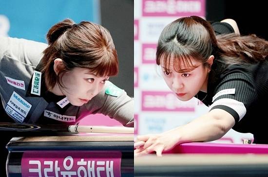 김가영(왼쪽)이 이미래를 3:0으로 물리치고 크라운해태배LPBA챔피언십 결승에 진출, 김세연을 꺾은 임경진과 우승을 놓고 대결한다. (사진=PBA)