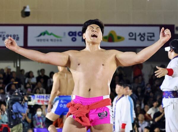 6일(월) 울산광역시 울주군 울주종합체육센터에서 열린 '위더스제약 2025 울주추석장사씨름대회' 금강장사(90kg이하)에 등극한 최정만(영암군민속씨름단)이 황소트로피를 들고 기념사진을 찍고 있다. /사진=대한씨름협회