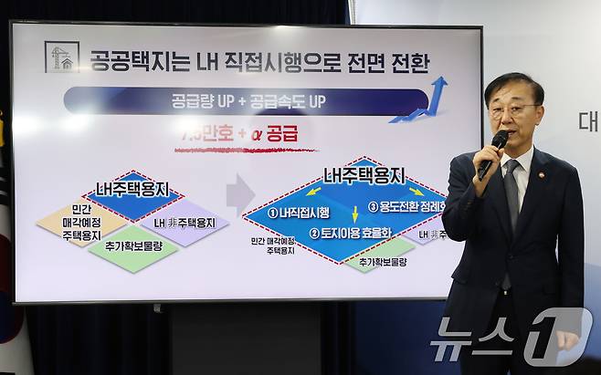 김윤덕 국토교통부 장관이 7일 서울 종로구 정부서울청사에서 주택공급 확대방안 관련 합동브리핑을 하고 있다. 2025.9.7/뉴스1 ⓒ News1 임세영 기자
