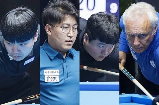 김행직이 11일 새벽(한국시간) 열린 앤트워프3쿠션월드컵 32강본선 리그에서 야스퍼스를 꺾고 극적으로 16강에 올라, 황봉주와 대결한다. 조명우는 자네티와 8강행 티켓을 놓고 격돌한다. (왼쪽부터) 김행직 황봉주 조명우 자네티. (사진=SOOP)