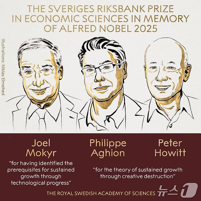 13일(현지시간) 조엘 모키르 미국 노스웨스턴 대학 교수, 필립 아기옹 프랑스 인시아드 및 영국 런던 정치경제대학교 교수, 피터 호위트 미국 브라운 대학 교수가 올해 노벨경제학상을 수상했다. 2025.10.13./뉴스1