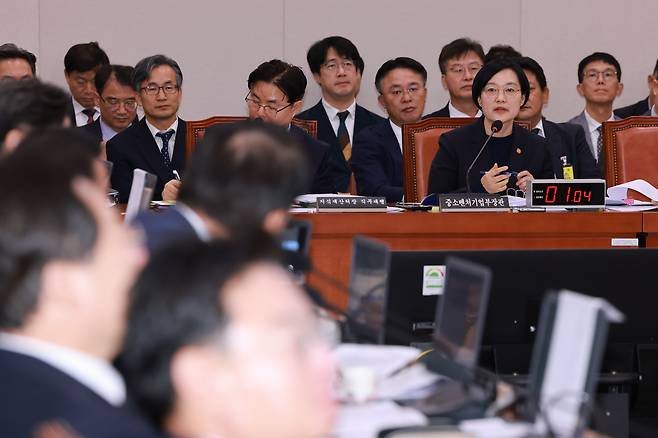 14일 서울 영등포구 여의도 국회에서 열린 중소벤처기업부, 특허청 등에 대한 산업통상자원중소벤처위원회 국정감사에서 한성숙 중소벤처기업부 장관이 의원 질의에 답하고 있다./연합뉴스