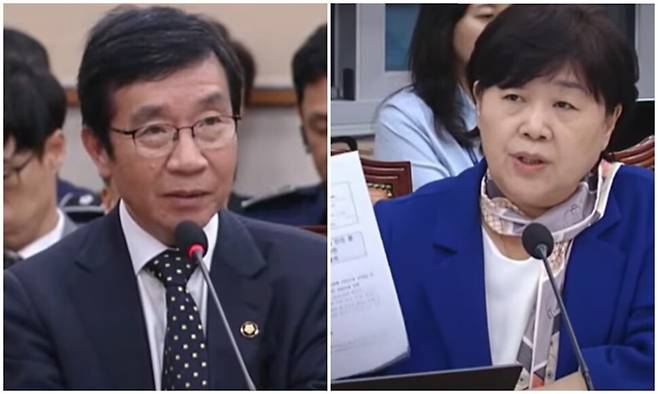 최진수 대법원 윤리감사관과 서영교 더불어민주당 의원. 제이티브이(JTV) 뉴스 유튜브 갈무리