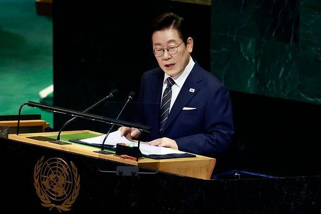 이재명 대통령이 지난달 23일(현지시간) 미국 뉴욕 유엔본부 총회장에서 기조연설을 하고 있다. ⓒ연합뉴스
