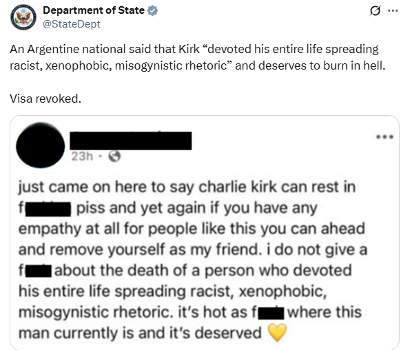 미국 국무부는 비자가 취소된 아르헨티나 인이 게시한 SNS 글을 X에 공개헀다. 미국 국무부 X