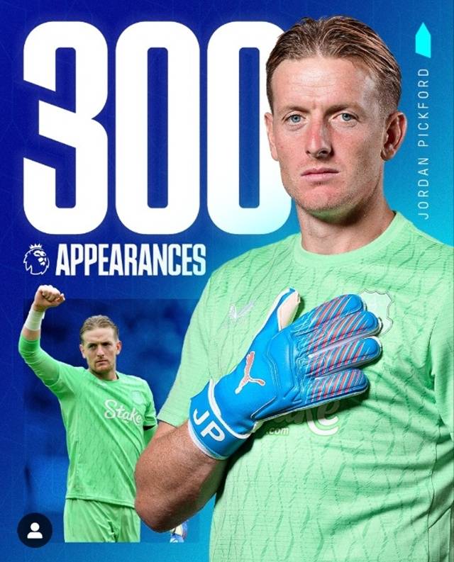 에버턴 소속으로 EPL 300경기를 소화한 조던 픽포드. /사진=에버턴 SNS
