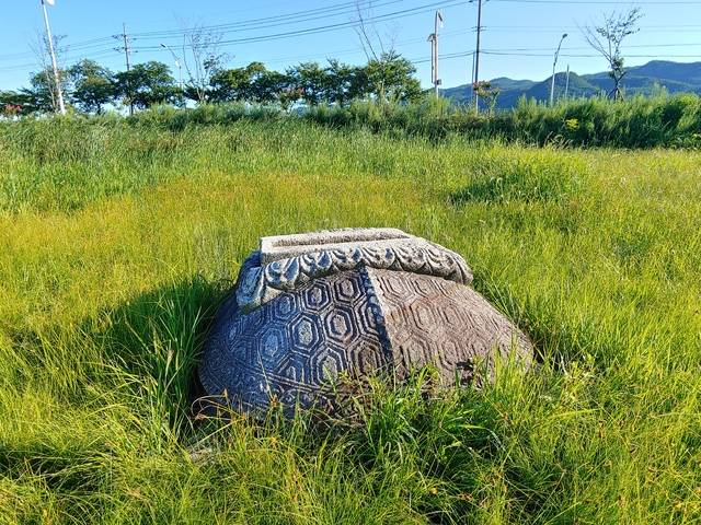 경주 낭산 사천왕사지 앞의 문무왕유적비를 업고 있었던 귀부.