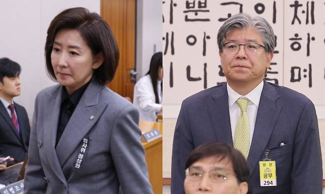 20일 서울 여의도 국회에서 열린 2025년도 법제사법위원회 국정감사에서 자리를 떠나고 있는 나경원 국민의힘 의원(왼쪽)과 국정감사에 출석해 인사하고 있는 나 의원의 배우자인 김재호 춘천지방법원장. 연합뉴스