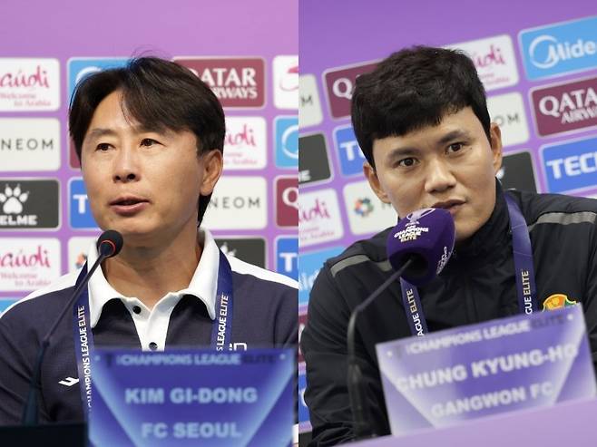 2026~2027시즌 ACLE 진출권 획득을 노리는 K리그1 5위 서울(11승12무10패·승점 45)과 6위 강원(11승11무11패·승점 44)은 당장 2025~2026시즌 ACLE 일정과 후반기 리그를 병행해야 하는 부담을 안고 있다. 서울 김기동 감독(왼쪽)과 강원 정경호 감독. 사진제공|한국프로축구연맹