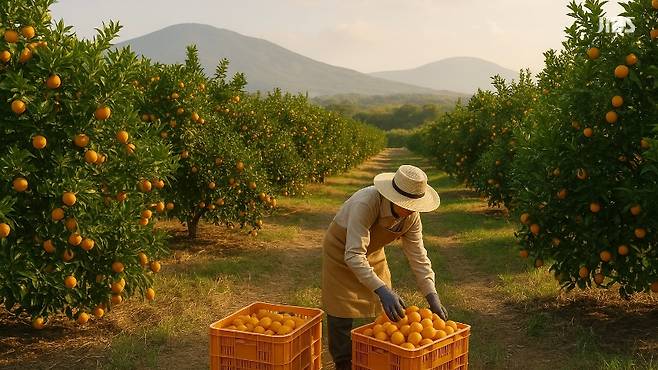 한라산 자락 중산간 감귤밭에서 수확 중인 농가의 모습. 기온 상승 속에서도 새로운 재배지로 옮겨가는 제주 농업의 현장을 담은 편집 이미지.