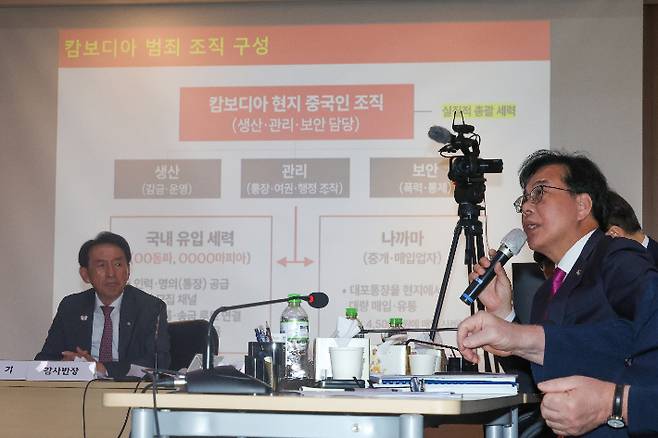 22일(현지시간) 캄보디아 프놈펜 주캄보디아 대사관에서 열린 국회 외교통일위원회 주캄보디아·주베트남·주태국·주라오스대사관 국정감사에서 송언석 국민의힘 원내대표가 남석현 캄보디아 경찰 영사에게 질의하고 있다. 연합뉴스