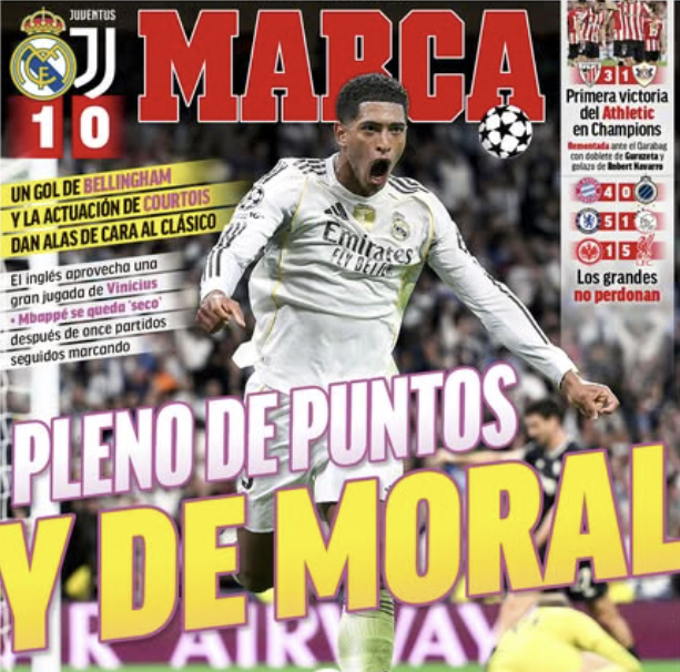레알 마드리드 소속 주드 벨링엄 득점 소식을 전한 스페인 매체. 마르카 SNS 캡처