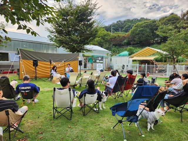 댕댕캠핑에 참여한 견주들이 한 수의사와 반려견에 대한 토크콘서트를 하고 있다. 칠곡군 제공