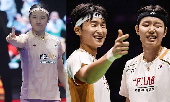 나란히 시즌 9승씩 거둔 한국 배드민턴의 간판스타 여자 단식 안세영(왼쪽 사진)과 남자 복식 서승재(오른쪽 사진 오른쪽부터)·김원호가 2025시즌 세계배드민턴연맹(BWF) 월드투어 시즌 최다승에 도전한다. 세계일보 자료사진