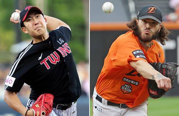 한국시리즈 1, 2차전을 모두 패한 한화는 29일 3차전에서 설욕을 노린다. 3차전 선발로 LG는 손주영(왼쪽), 한화는 폰세를 등판시킨다. 연합뉴스