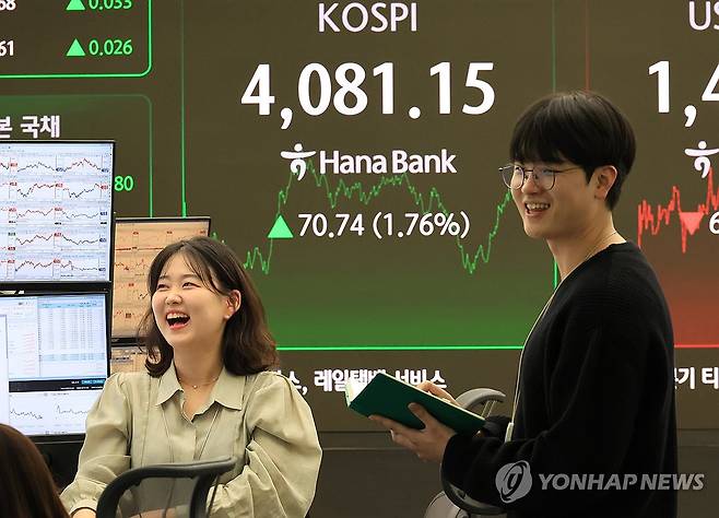 사상 최고치로 마감한 코스피 (서울=연합뉴스) 최재구 기자 = 29일 서울 중구 하나은행 본점에서 직원들이 증시와 환율을 모니터하고 있다. 이날 코스피는 70.74p(1.76%) 오른 4,081.15로 장을 마쳤다. 2025.10.29 jjaeck9@yna.co.kr