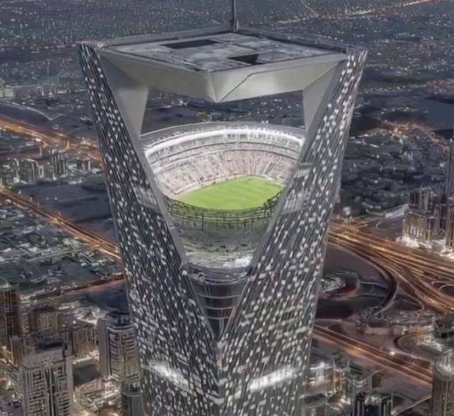 2034년 FIFA월드컵 개최를 앞둔 사우디아라비아가 네옴시티에 건설할 것으로 전해진 '하늘 위 축구장'의 모습. 엑스