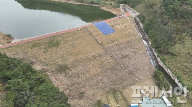 ▲사면 슬라이딩 응급복구가 마무리된 저수지 전경ⓒ농어촌공사