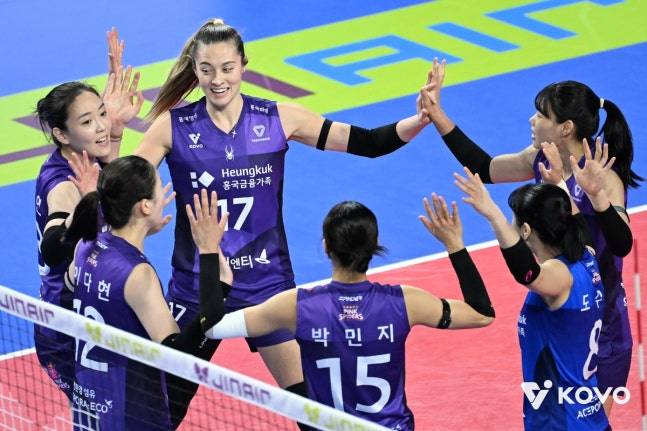 7일 경기도 화성종합체육관에서 열린 진에어 2025~26 V리그 여자부 원정경 IBK기업은행전을 승리한 흥국생명 선수들. KOVO