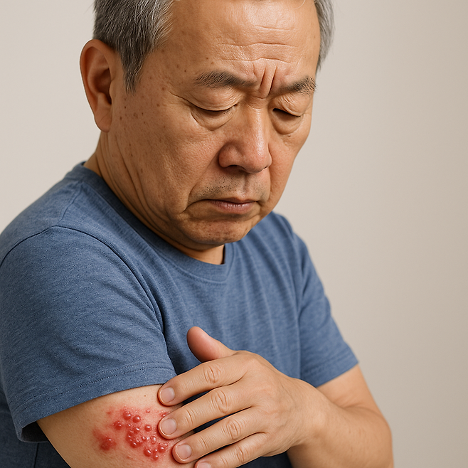 대상포진으로 인해 팔에 수포가 생긴 남성의 모습. 사진=챗GPT