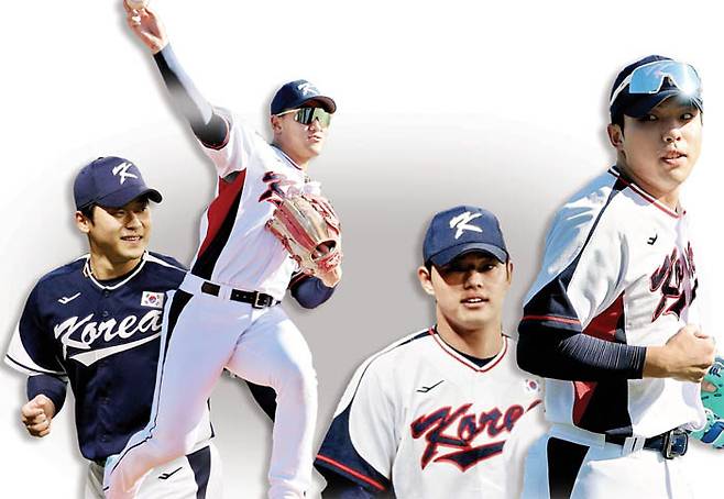야구대표팀 박영현·안현민·문동주·김영웅(왼쪽부터). 연합뉴스·KT 한화 SNS