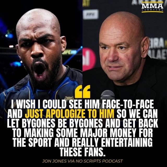 존스는 “화이트를 직접 만나 얼굴을 보고 사과하고 싶다. 서로의 과거는 잊고 다시 이 스포츠를 위해 큰돈을 벌고 팬들을 즐겁게 만들 수 있었으면 좋겠다”고 바랐다. 사진=MMA 파이팅 SNS
